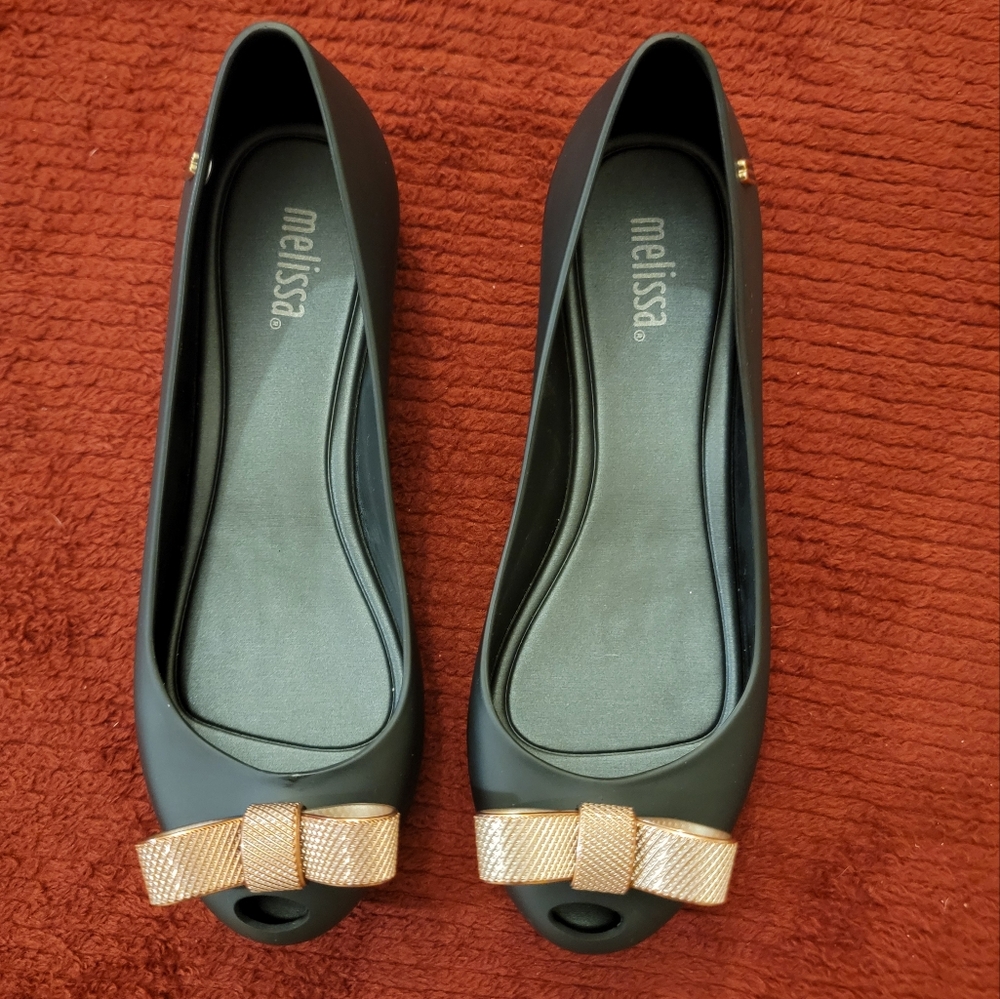 Melissa Elegant Black Flats with Gold Accent Bow